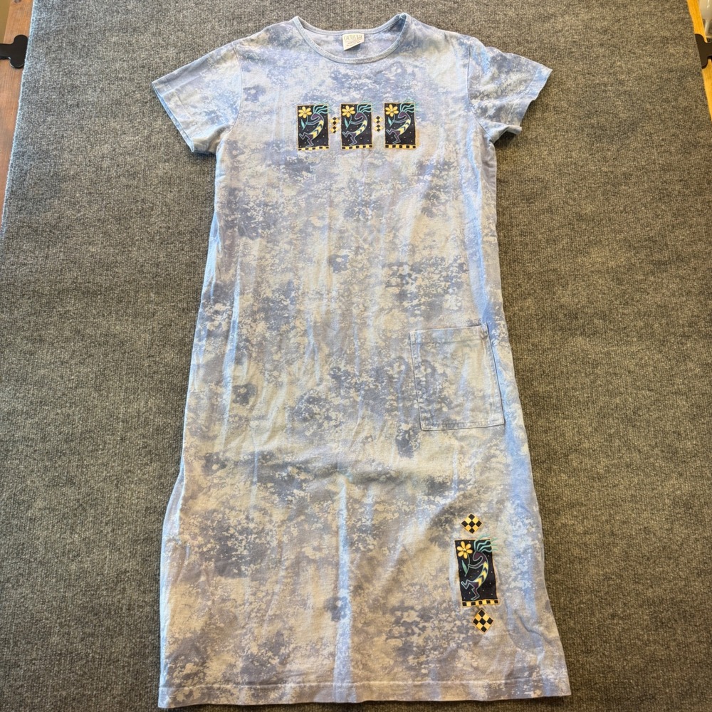 Cactus Bay Apparel Kokopelli T-Shirt Dress Blue Acid Wash Cotton Midi Womens M